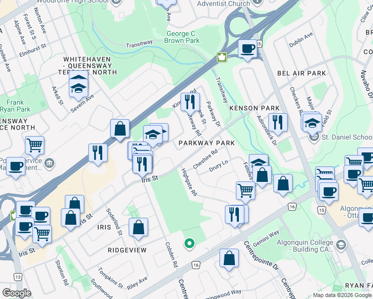 map of restaurants, bars, coffee shops, grocery stores, and more near 2160 Lambeth Walk in Ottawa