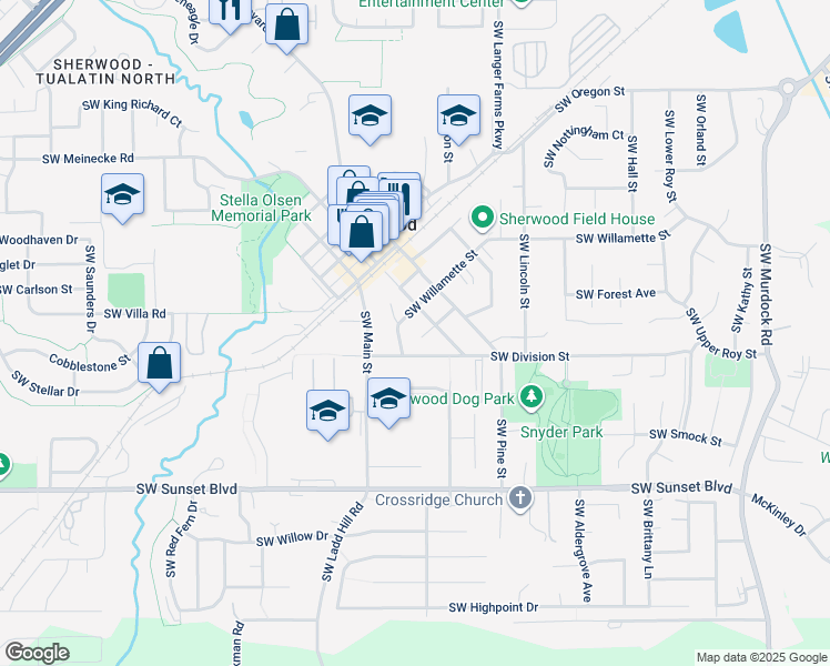 map of restaurants, bars, coffee shops, grocery stores, and more near 15885 Southwest Tualatin Street in Sherwood