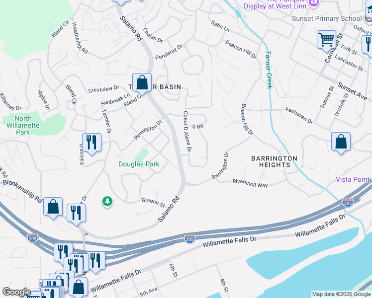map of restaurants, bars, coffee shops, grocery stores, and more near 2600 Coeur D Alene Drive in West Linn
