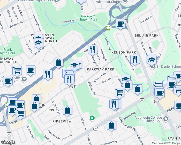 map of restaurants, bars, coffee shops, grocery stores, and more near 2160 Lambeth Walk in Ottawa