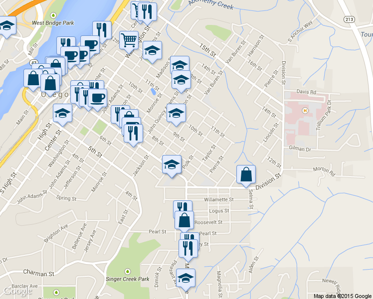 map of restaurants, bars, coffee shops, grocery stores, and more near 814 Harrison Street in Oregon City