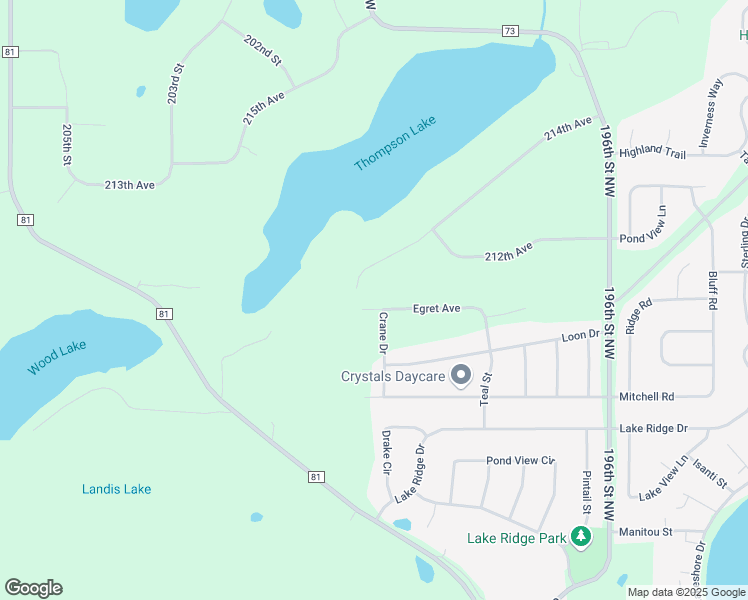 map of restaurants, bars, coffee shops, grocery stores, and more near 5731 Egret Avenue in Big Lake