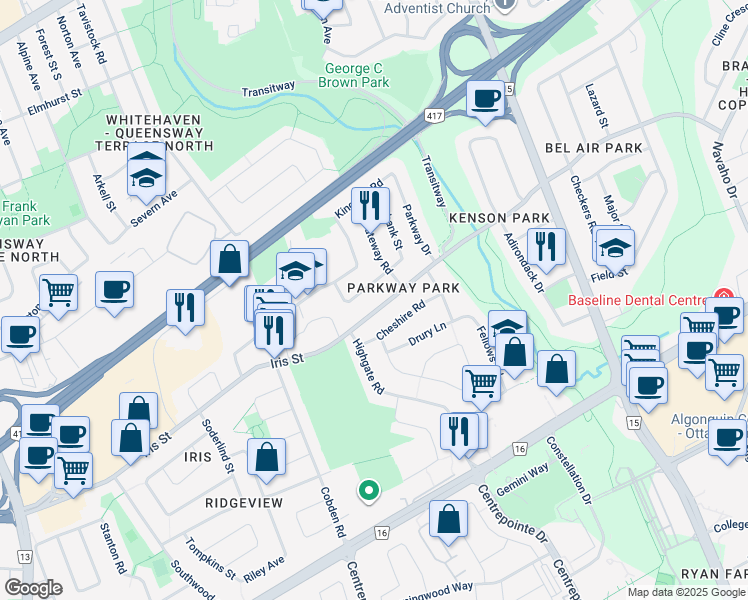 map of restaurants, bars, coffee shops, grocery stores, and more near 2160 Lambeth Walk in Ottawa