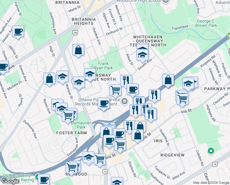 map of restaurants, bars, coffee shops, grocery stores, and more near 2680 Moncton Road in Ottawa