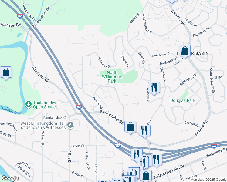 map of restaurants, bars, coffee shops, grocery stores, and more near 3305 Summerlinn Drive in West Linn