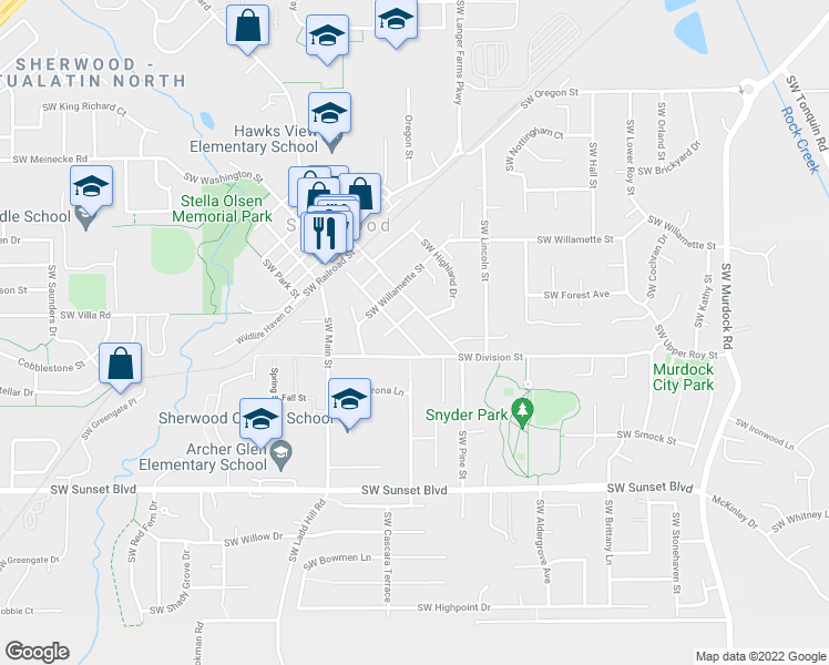map of restaurants, bars, coffee shops, grocery stores, and more near 22944 Southwest Washington Street in Sherwood