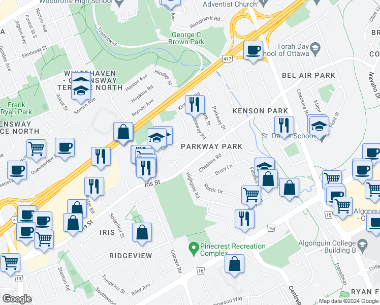 map of restaurants, bars, coffee shops, grocery stores, and more near 2160 Lambeth Walk in Ottawa