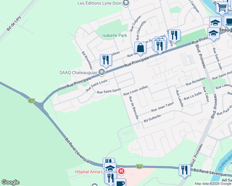 map of restaurants, bars, coffee shops, grocery stores, and more near 119 Rue Saint-Denis in Châteauguay