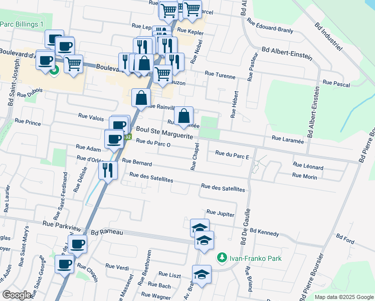 map of restaurants, bars, coffee shops, grocery stores, and more near 34 Rue du Parc Ouest in Châteauguay