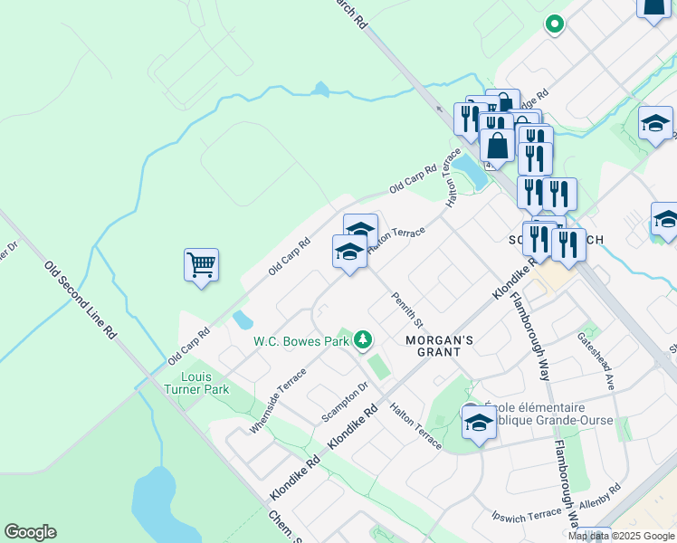 map of restaurants, bars, coffee shops, grocery stores, and more near 131 Muskego Crescent in Ottawa