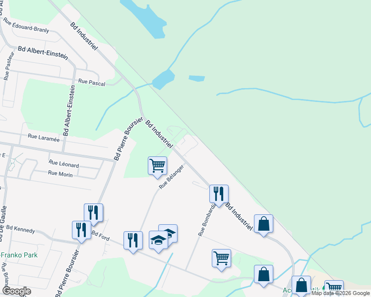 map of restaurants, bars, coffee shops, grocery stores, and more near 220 Boulevard Industriel in Châteauguay