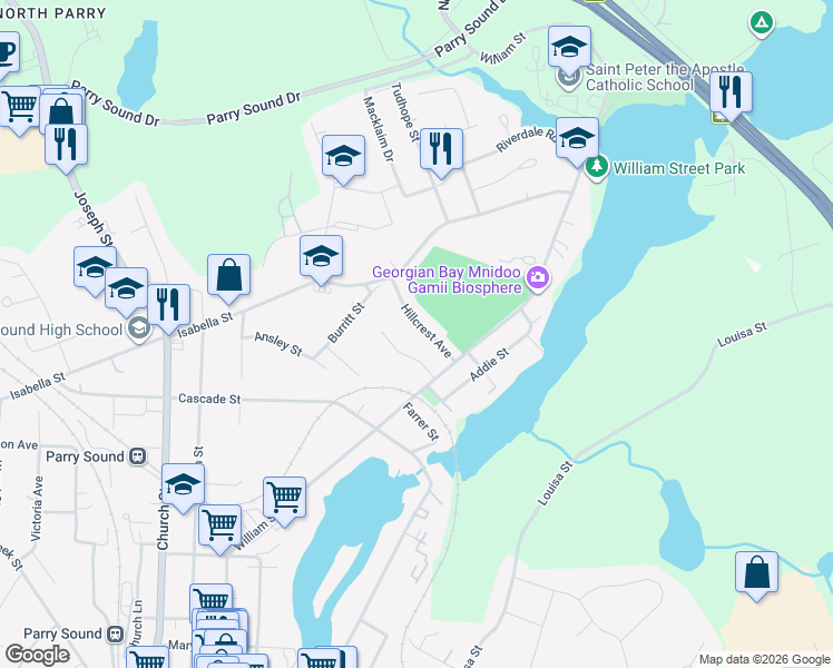 map of restaurants, bars, coffee shops, grocery stores, and more near 16 Hillcrest Avenue in Parry Sound