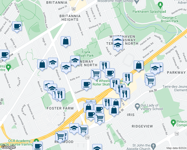 map of restaurants, bars, coffee shops, grocery stores, and more near 2680 Moncton Road in Ottawa