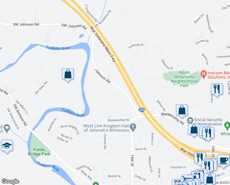 map of restaurants, bars, coffee shops, grocery stores, and more near 1132 Ryan Court in West Linn