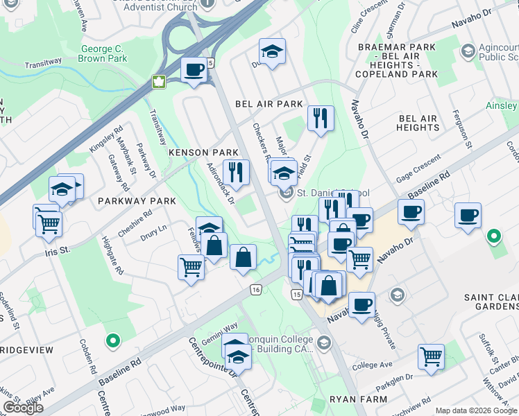 map of restaurants, bars, coffee shops, grocery stores, and more near 1278 Woodroffe Avenue in Ottawa