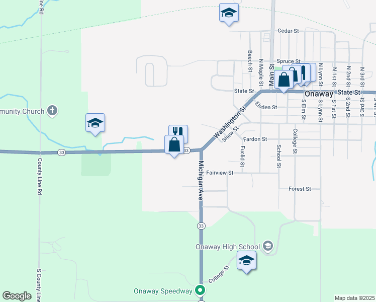 map of restaurants, bars, coffee shops, grocery stores, and more near 21045 Michigan 68 in Onaway