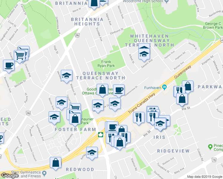 map of restaurants, bars, coffee shops, grocery stores, and more near 2681 Moncton Road in Ottawa