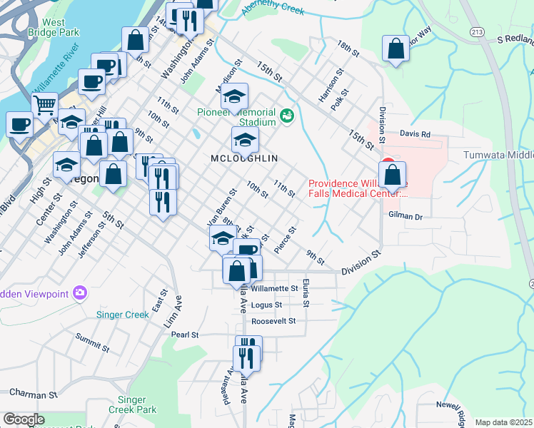 map of restaurants, bars, coffee shops, grocery stores, and more near 1519 9th Street in Oregon City