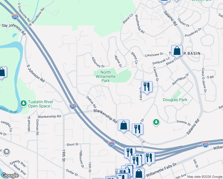 map of restaurants, bars, coffee shops, grocery stores, and more near 3604 Summerlinn Drive in West Linn