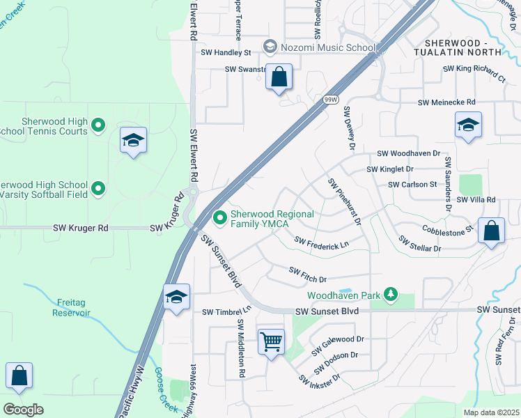 map of restaurants, bars, coffee shops, grocery stores, and more near 22862 Southwest Forest Creek Drive in Sherwood