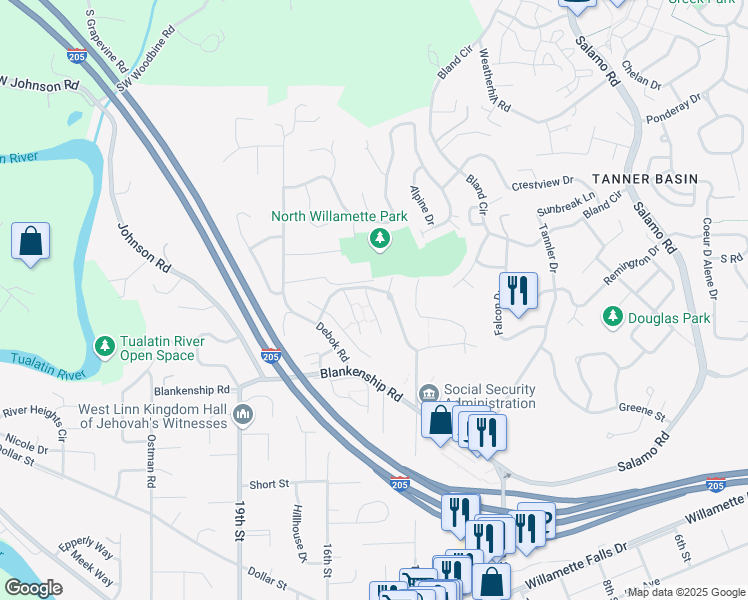map of restaurants, bars, coffee shops, grocery stores, and more near 2280 Snowberry Ridge Court in West Linn