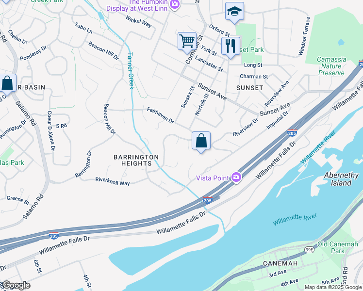 map of restaurants, bars, coffee shops, grocery stores, and more near 3912 Edgewood Court in West Linn