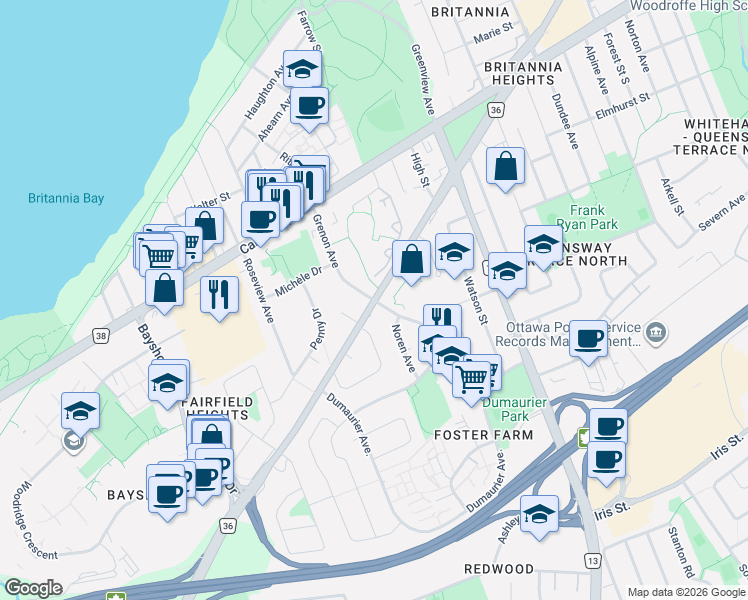 map of restaurants, bars, coffee shops, grocery stores, and more near 884 Grenon Avenue in Ottawa