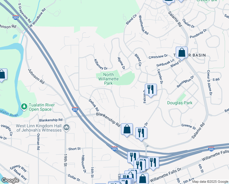 map of restaurants, bars, coffee shops, grocery stores, and more near 3480 Summerlinn Drive in West Linn