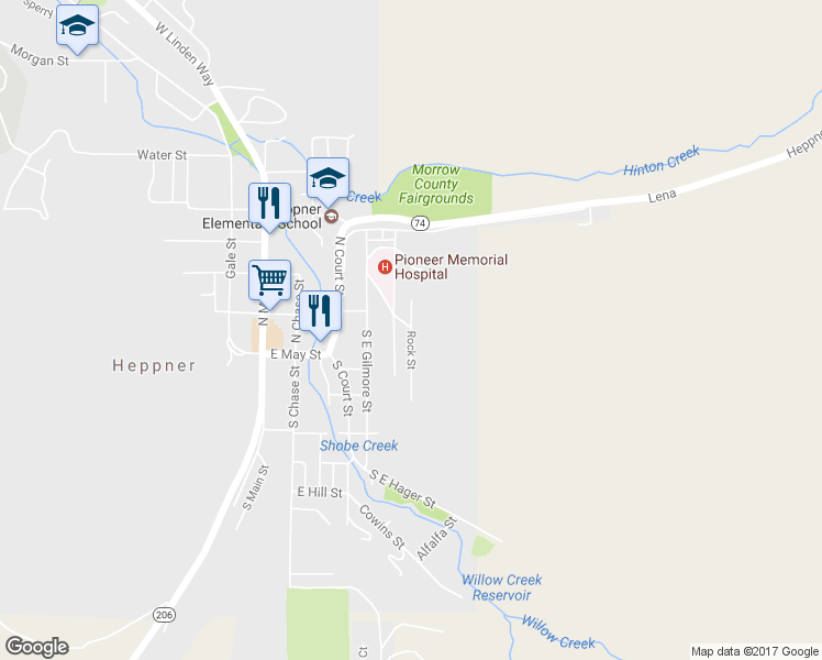 map of restaurants, bars, coffee shops, grocery stores, and more near 135 Rock Street in Heppner