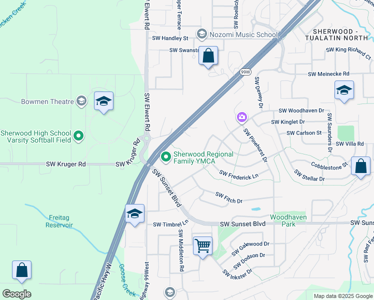 map of restaurants, bars, coffee shops, grocery stores, and more near 22860 Southwest Forest Creek Drive in Sherwood