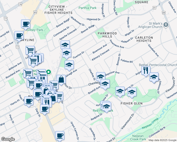 map of restaurants, bars, coffee shops, grocery stores, and more near 32 Charkay Street in Ottawa