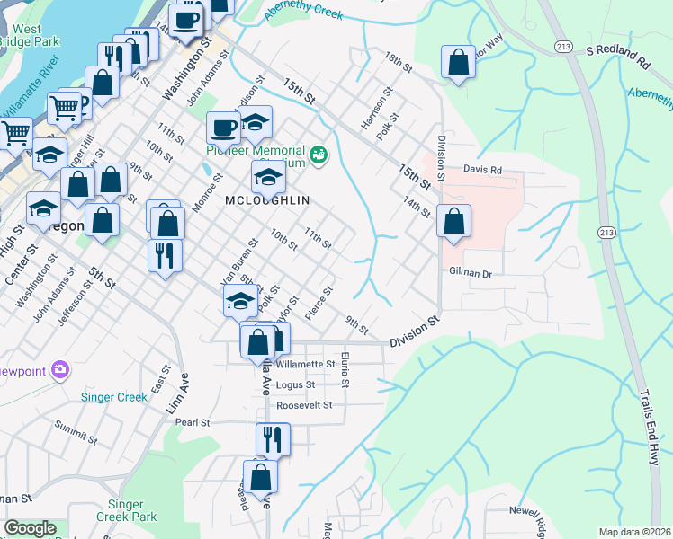 map of restaurants, bars, coffee shops, grocery stores, and more near 1617 10th Street in Oregon City