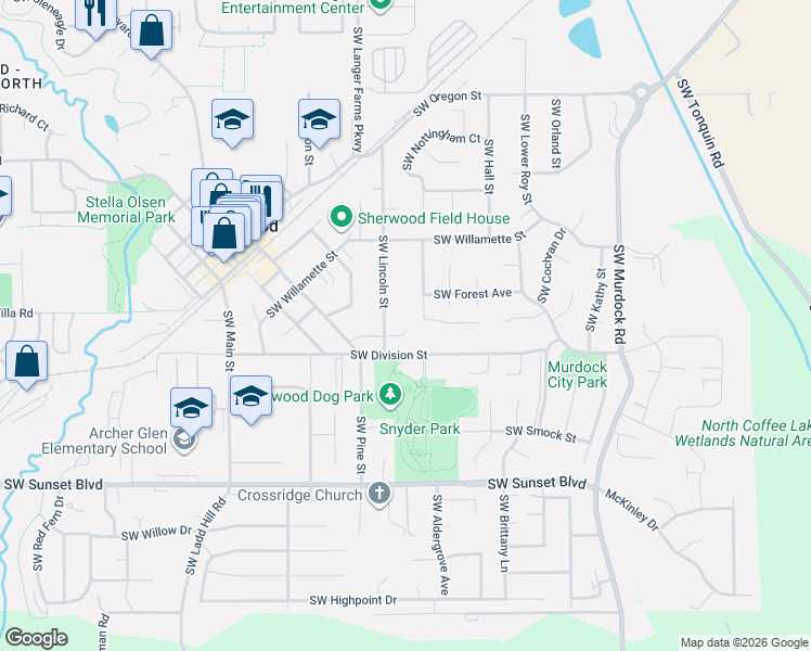 map of restaurants, bars, coffee shops, grocery stores, and more near 22890 Southwest Lincoln Street in Sherwood