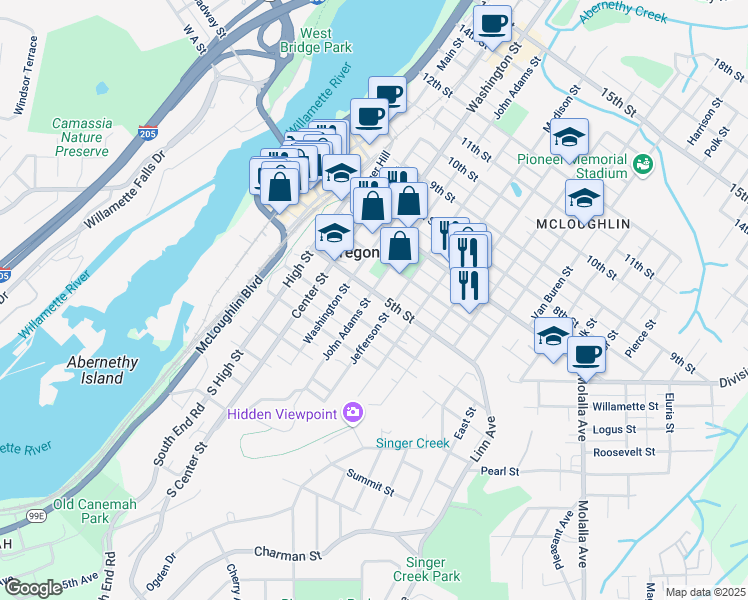 map of restaurants, bars, coffee shops, grocery stores, and more near 702 5th Street in Oregon City