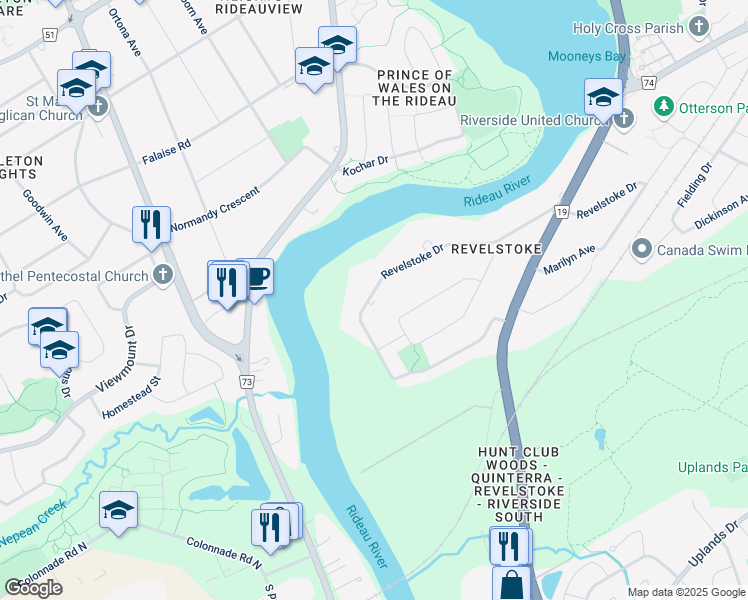 map of restaurants, bars, coffee shops, grocery stores, and more near 3822 Revelstoke Drive in Ottawa