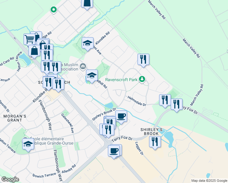 map of restaurants, bars, coffee shops, grocery stores, and more near 143 Kinross Private in Ottawa