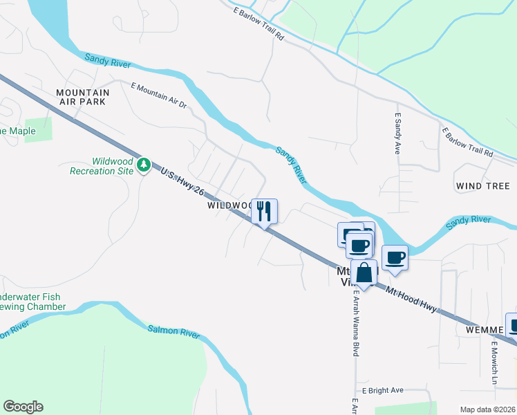 map of restaurants, bars, coffee shops, grocery stores, and more near 66711 East Oregon Street in Mount Hood Village