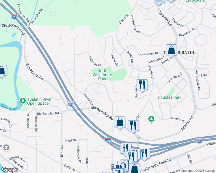 map of restaurants, bars, coffee shops, grocery stores, and more near 3604 Summerlinn Drive in West Linn