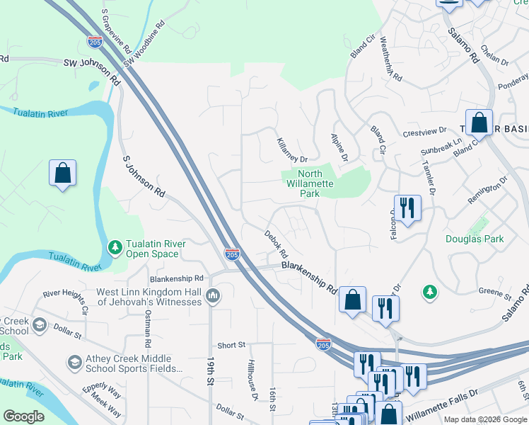 map of restaurants, bars, coffee shops, grocery stores, and more near 1280 Fall Oaks Court in West Linn