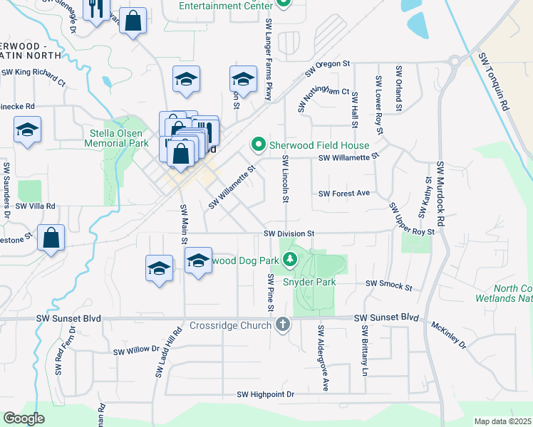 map of restaurants, bars, coffee shops, grocery stores, and more near 15489 Southwest Vista Avenue in Sherwood