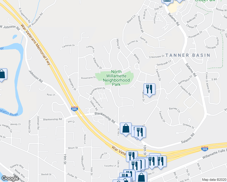 map of restaurants, bars, coffee shops, grocery stores, and more near 3490 Summerlinn Drive in West Linn