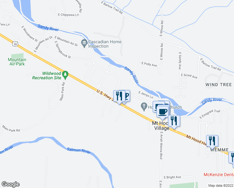 map of restaurants, bars, coffee shops, grocery stores, and more near 66711 East Oregon Street in Mount Hood Village