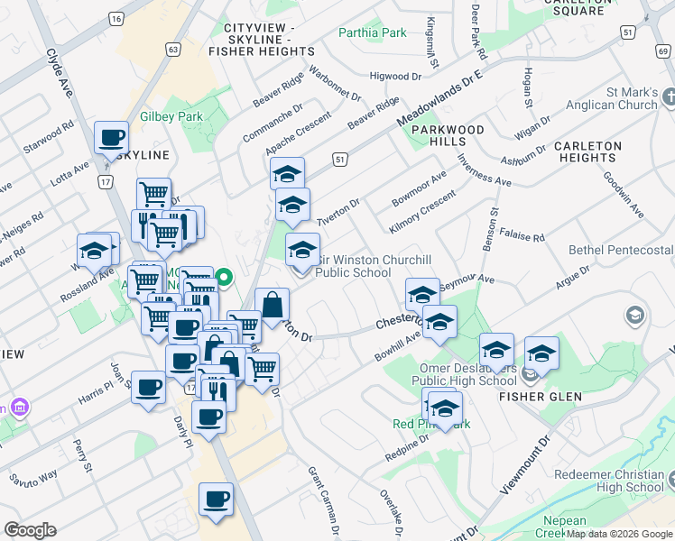 map of restaurants, bars, coffee shops, grocery stores, and more near 26 Mulvagh Avenue in Ottawa