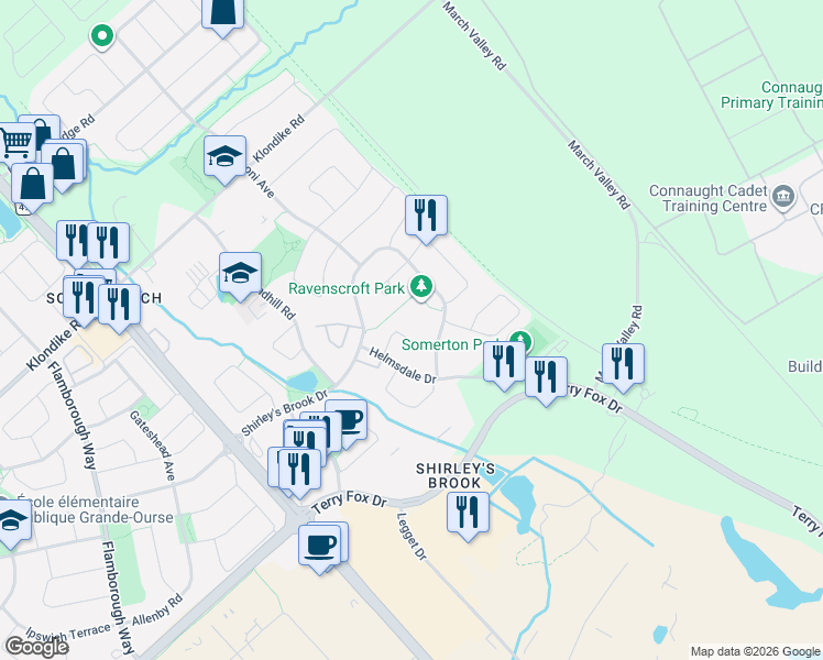 map of restaurants, bars, coffee shops, grocery stores, and more near 47 Tobermory Crescent in Ottawa