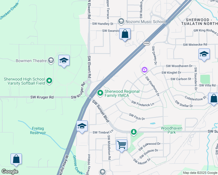 map of restaurants, bars, coffee shops, grocery stores, and more near 22814 Southwest Forest Creek Drive in Sherwood