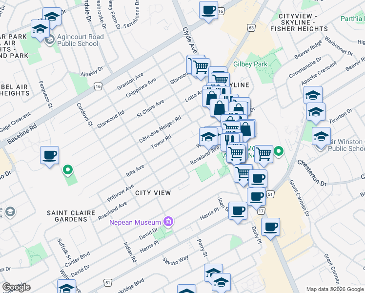 map of restaurants, bars, coffee shops, grocery stores, and more near in Ottawa
