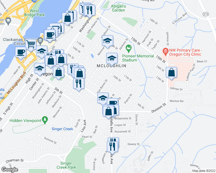 map of restaurants, bars, coffee shops, grocery stores, and more near 814 Harrison Street in Oregon City