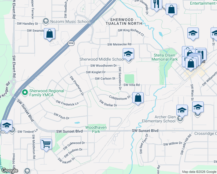 map of restaurants, bars, coffee shops, grocery stores, and more near 17196 Southwest Villa Road in Sherwood