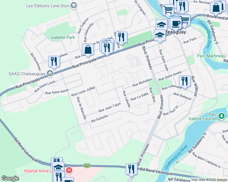 map of restaurants, bars, coffee shops, grocery stores, and more near 129 Rue De La Vérendrye in Châteauguay