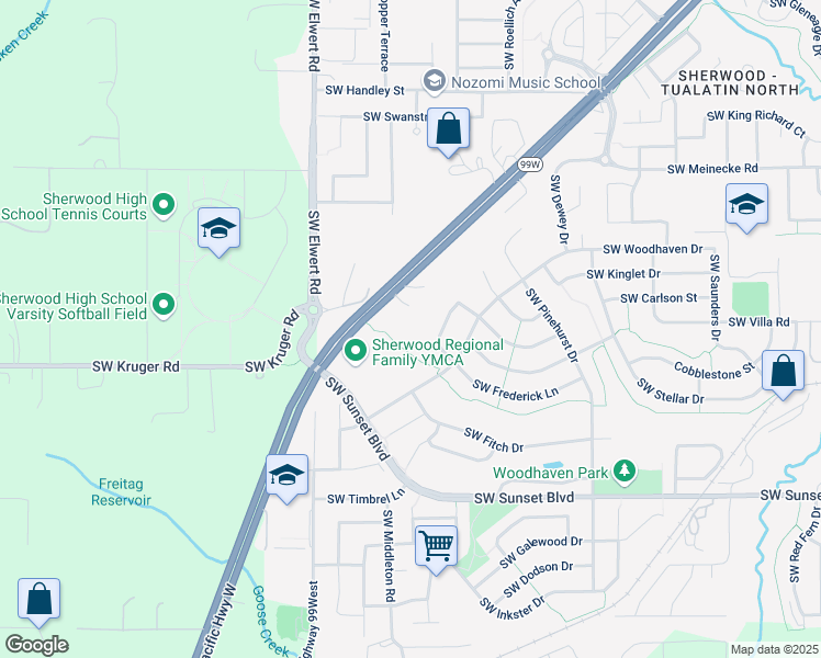map of restaurants, bars, coffee shops, grocery stores, and more near 22862 Southwest Forest Creek Drive in Sherwood